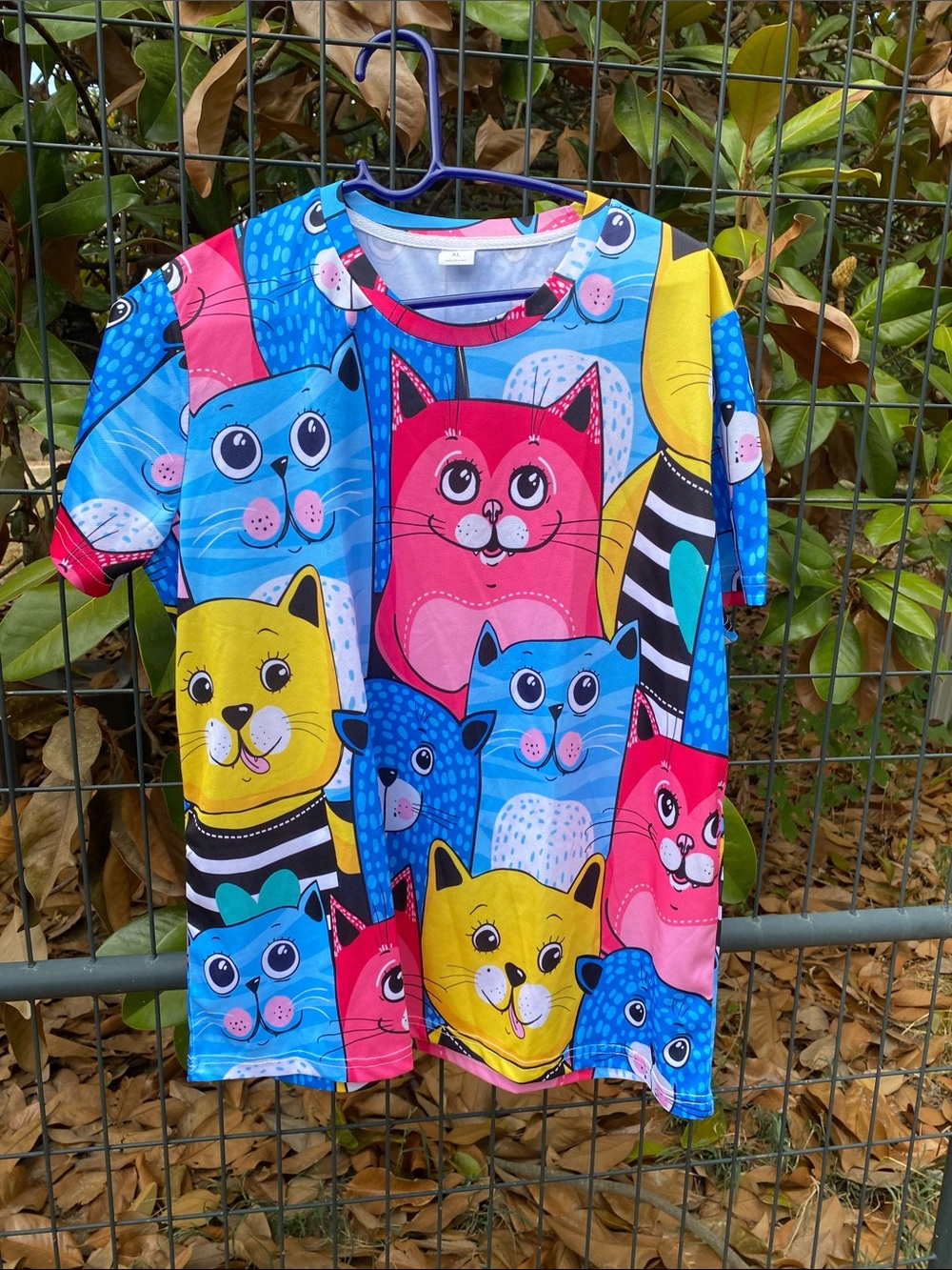 Colorful Cartoon Cat Print Polyester T-Shirt Size XL
